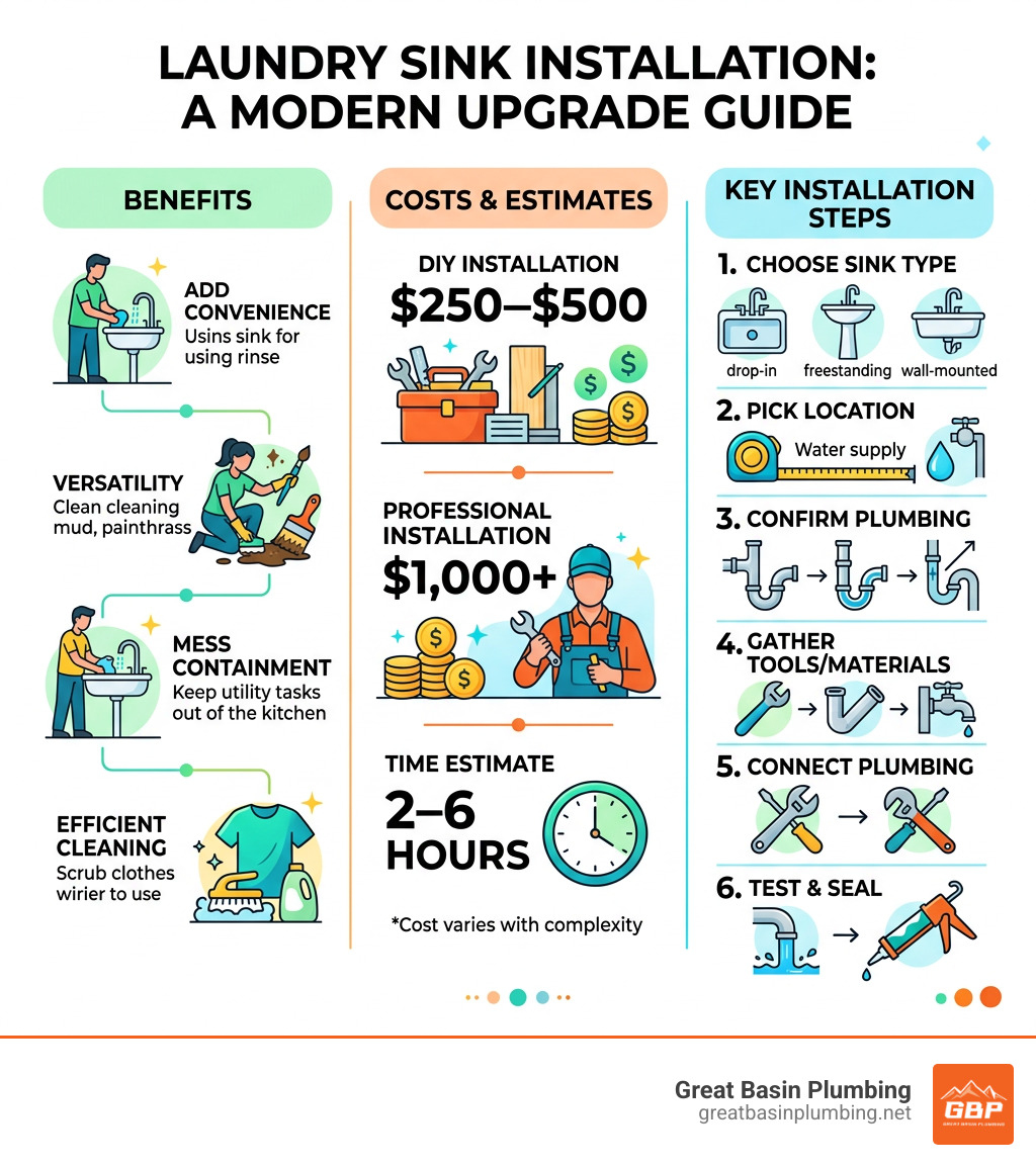 Infographic showing benefits, costs, and key steps of laundry sink installation - laundry sink installation infographic 