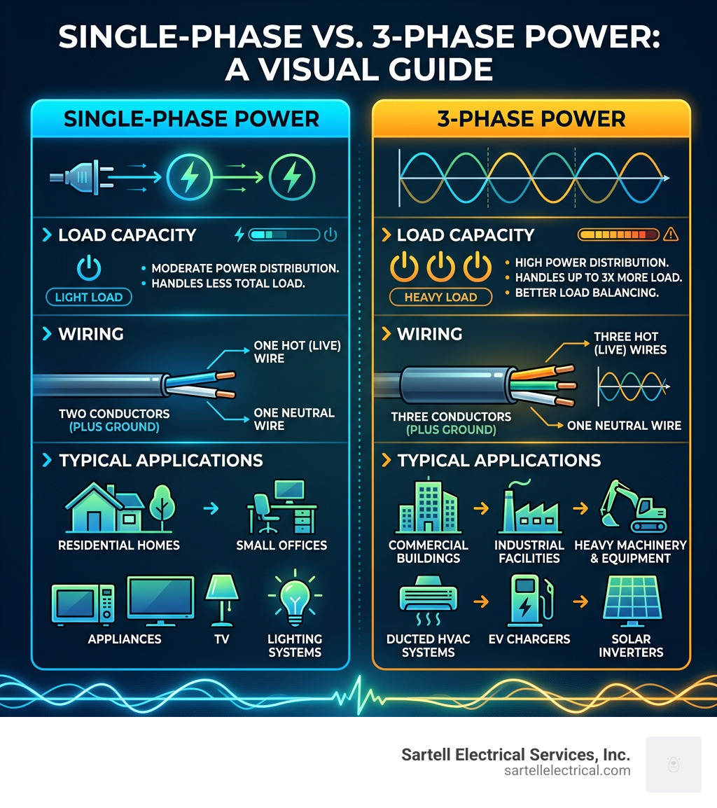 Infographic comparing single-phase vs 3-phase power: load capacity, wiring, and typical applications - 3 phase switchboard Infographic comparing single-phase vs 3-phase power: load capacity, wiring, and typical applications - 3 phase switchboard