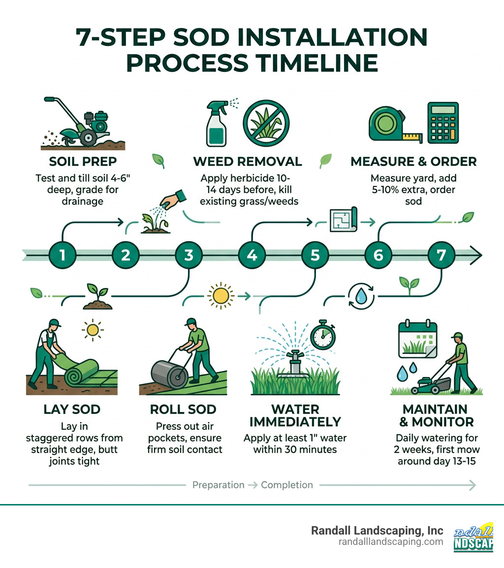 7-step sod installation process timeline from soil prep to first mow - sod installation process infographic 7-step sod installation process timeline from soil prep to first mow - sod installation process infographic