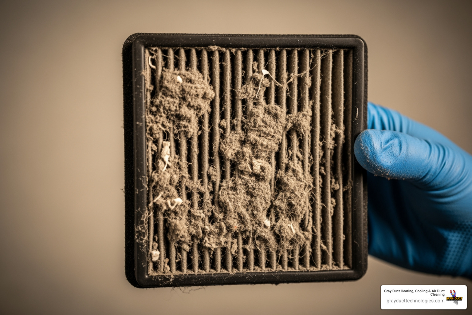 A dirty, clogged air filter removed from an Edina home HVAC system - air duct deodorizing edina, mn