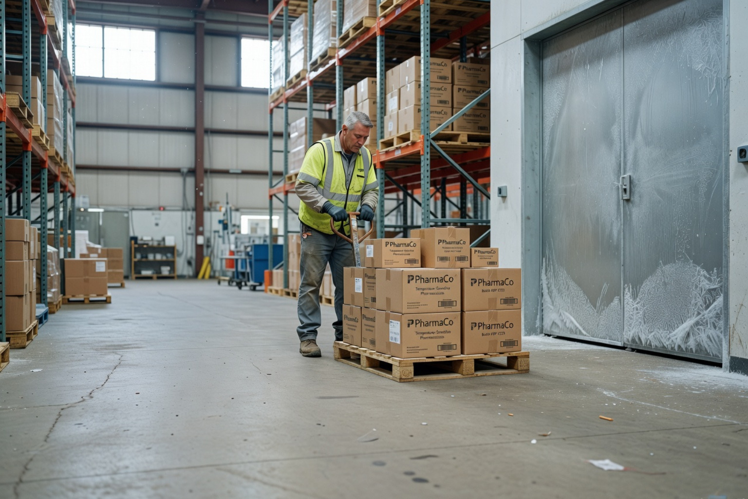 large temperature controlled pharmaceutical warehouse with high steel racking and neutral industrial tones - pharma contract