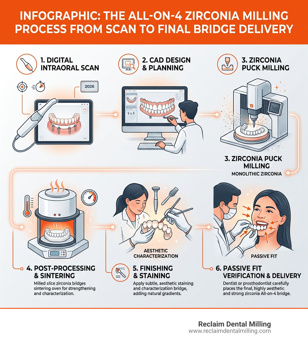 Infographic: The All-on-4 zirconia milling process from scan to final bridge delivery - Zirconia all on 4 milling