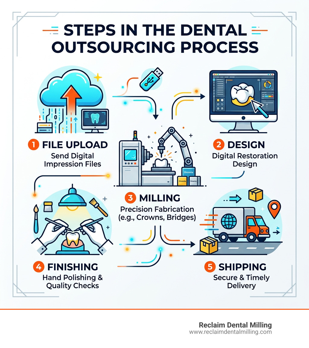 Steps in the dental outsourcing process: file upload, design, milling, finishing, and shipping - outsource dental milling Steps in the dental outsourcing process: file upload, design, milling, finishing, and shipping - outsource dental milling