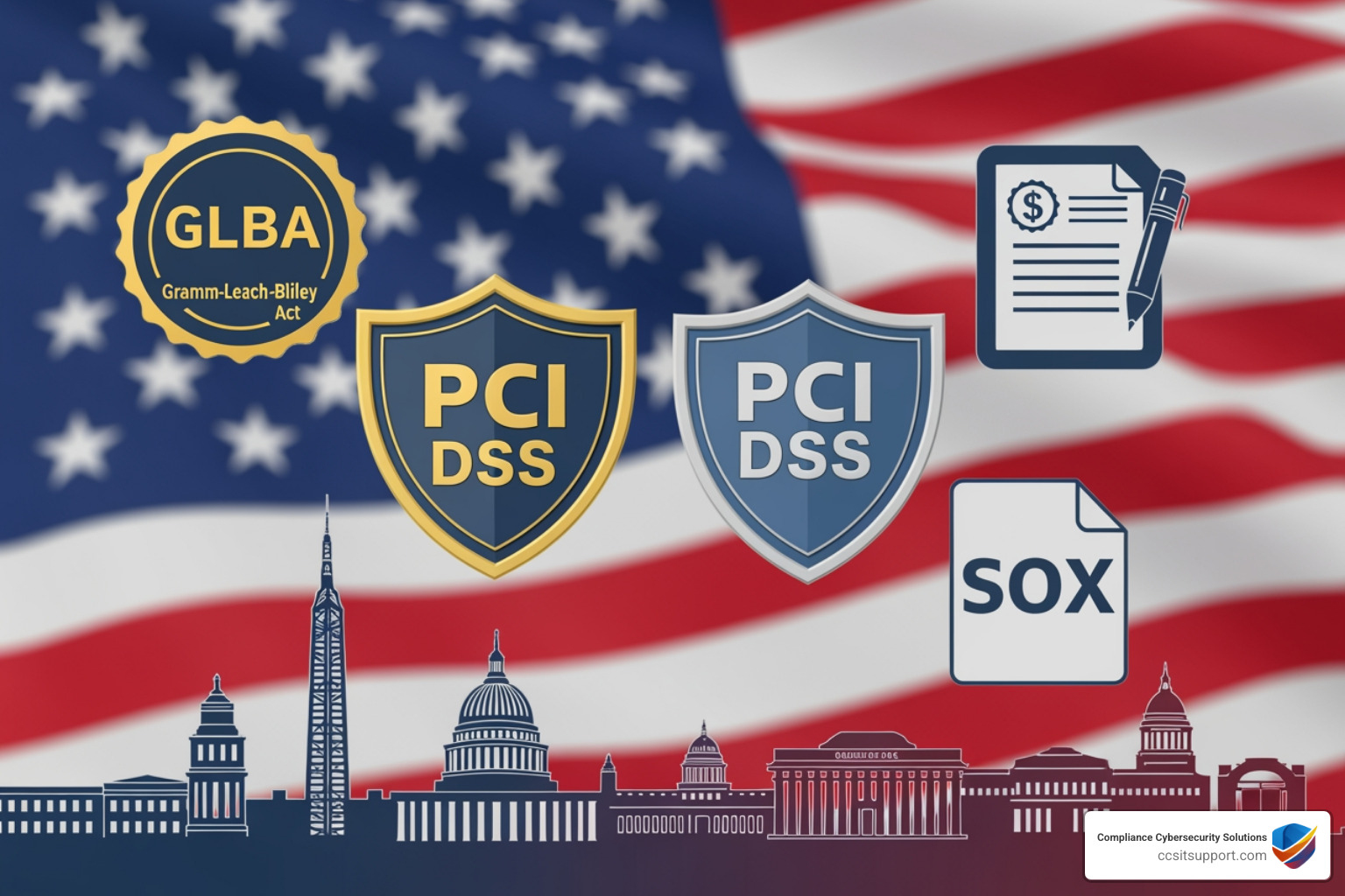 Global financial regulatory symbols representing GLBA PCI DSS and SOX - Banking data loss prevention