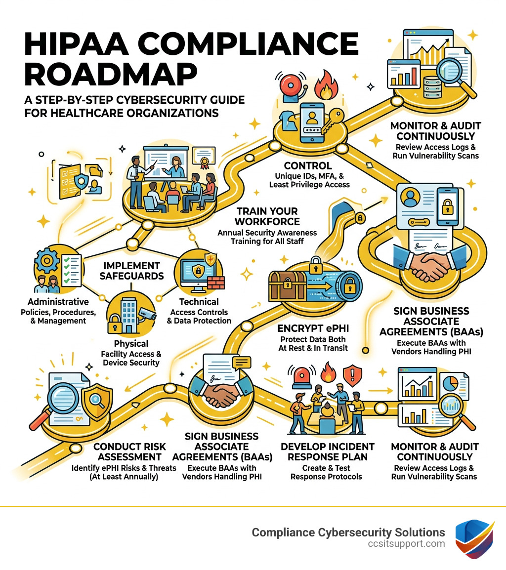 HIPAA compliance roadmap infographic showing risk assessment, safeguards, training, BAAs, and monitoring steps - HIPAA