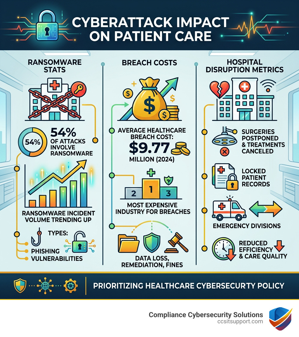 Infographic showing cyberattack impact on patient care: ransomware stats, breach costs, and hospital disruption metrics Infographic showing cyberattack impact on patient care: ransomware stats, breach costs, and hospital disruption metrics