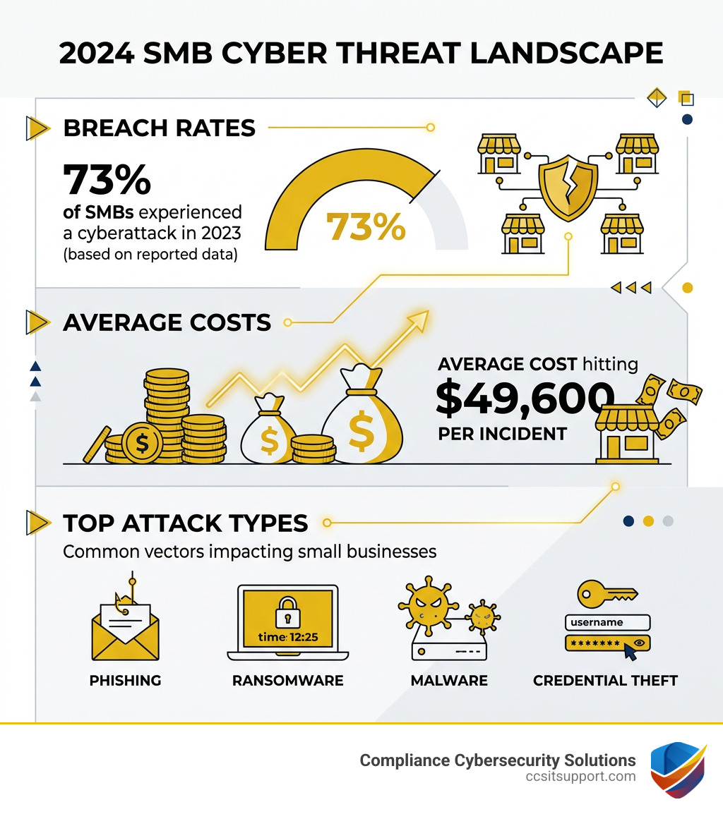 2024 SMB cyber threat landscape infographic showing breach rates, average costs, and top attack types - small business cyber 2024 SMB cyber threat landscape infographic showing breach rates, average costs, and top attack types - small business cyber