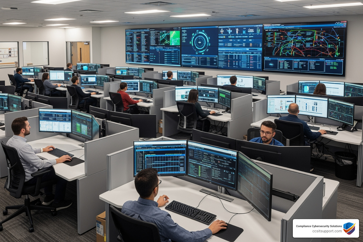 technical support center with secure monitoring screens and cybersecurity dashboards - healthcare it helpdesk services