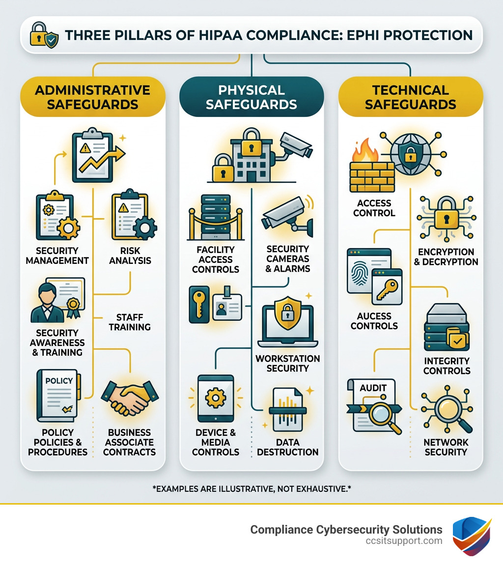 Three pillars of HIPAA compliance: Administrative, Physical, and Technical Safeguards with key examples - healthcare Three pillars of HIPAA compliance: Administrative, Physical, and Technical Safeguards with key examples - healthcare