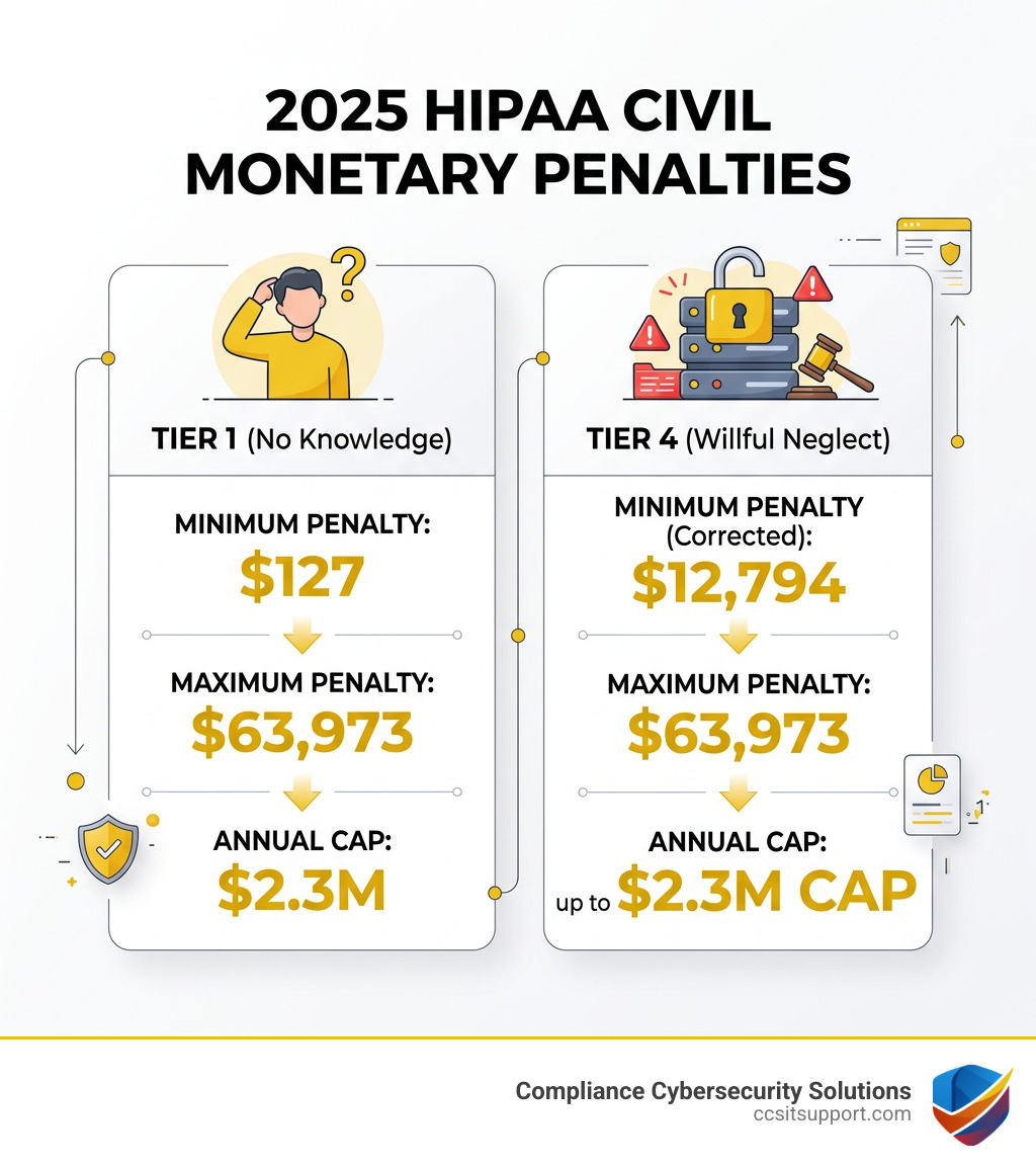 Table comparing 2025 HIPAA penalty tiers: Tier 1 (No Knowledge) $127-$63k, Tier 4 (Willful Neglect) up to $2.3M cap - hipaa Table comparing 2025 HIPAA penalty tiers: Tier 1 (No Knowledge) $127-$63k, Tier 4 (Willful Neglect) up to $2.3M cap - hipaa
