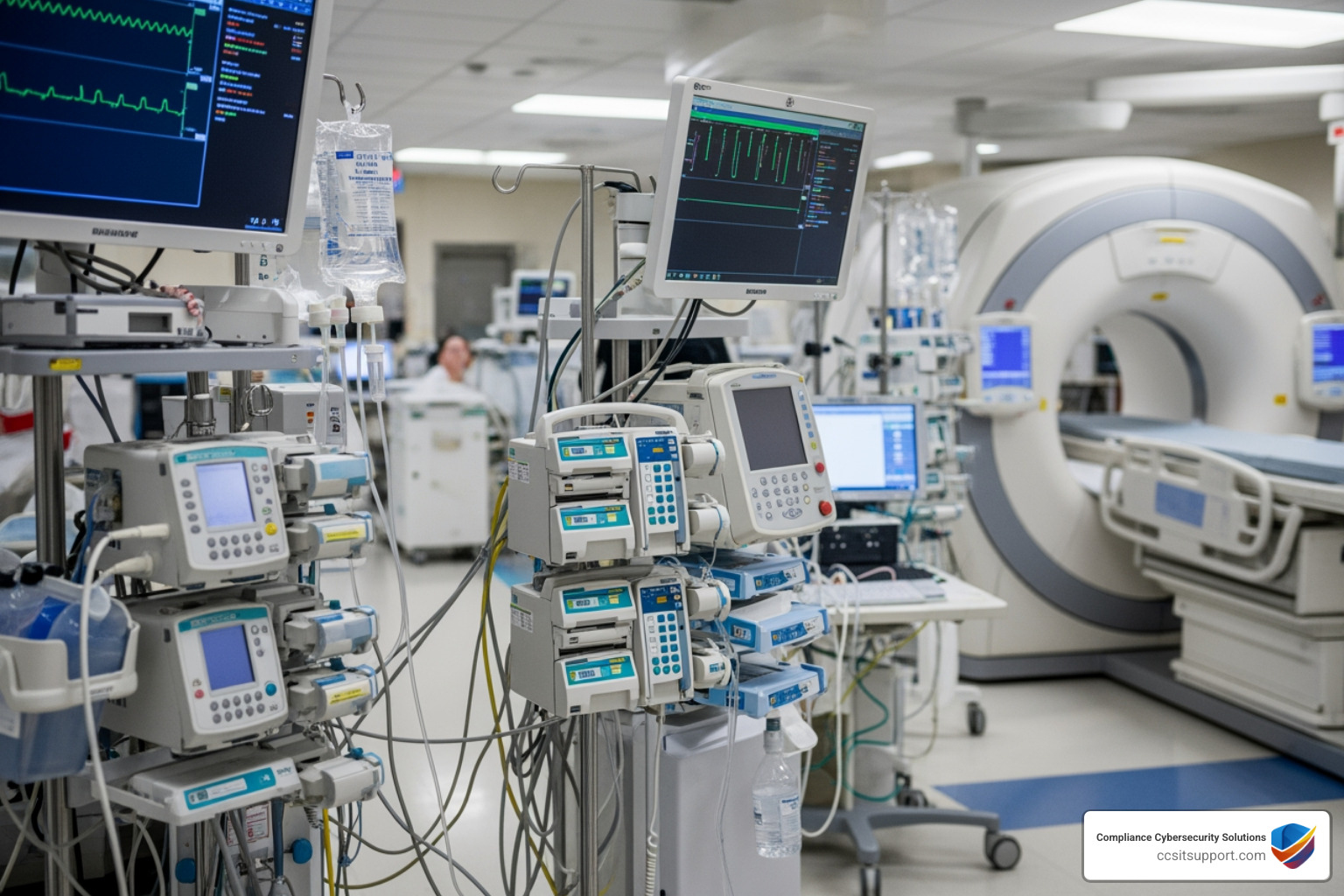 Connected medical devices like infusion pumps and MRI machines in a hospital setting - Healthcare network security solutions Connected medical devices like infusion pumps and MRI machines in a hospital setting - Healthcare network security solutions