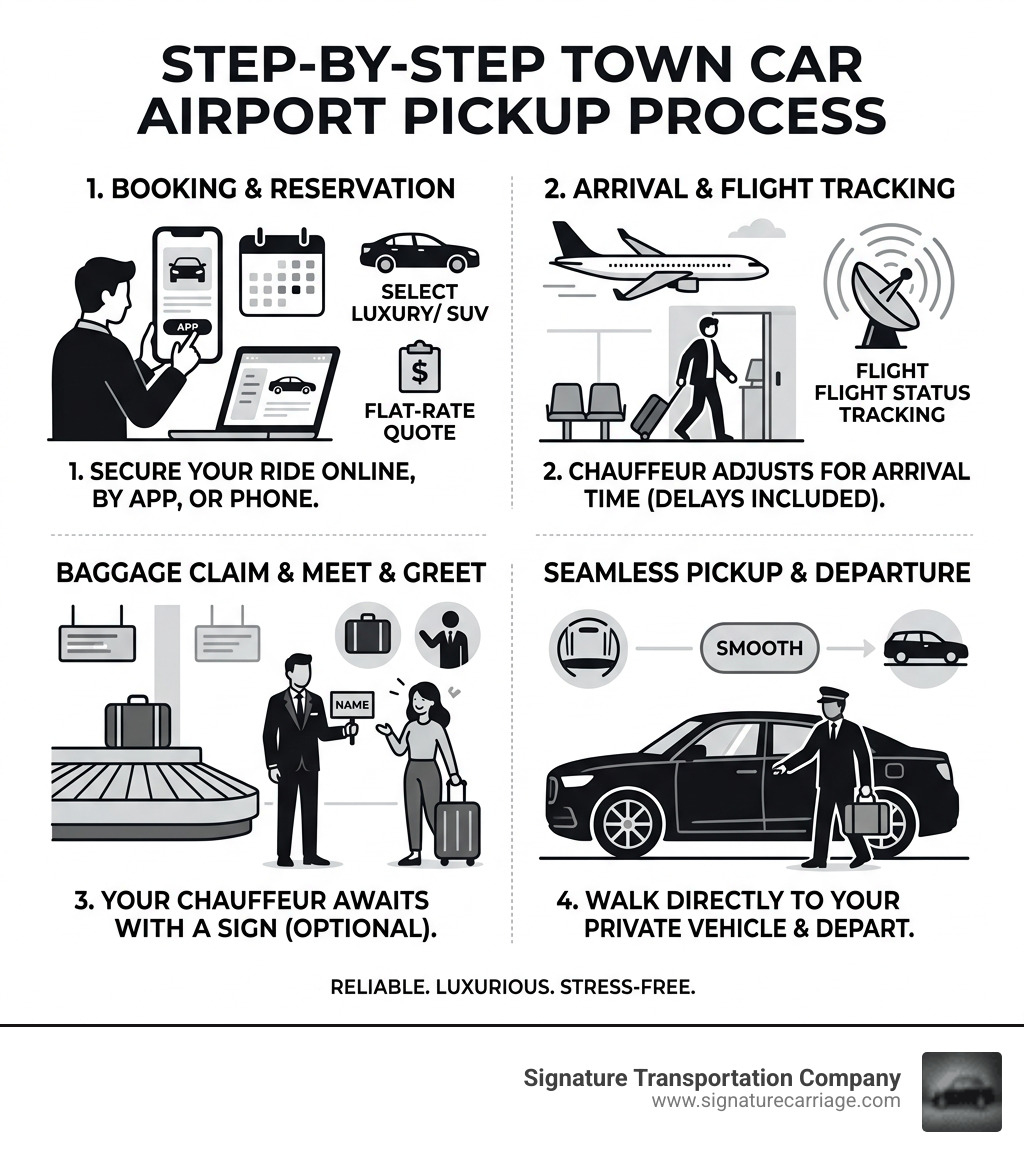 Step-by-step town car airport pickup process from booking to baggage claim to vehicle - town car airport pickup infographic 