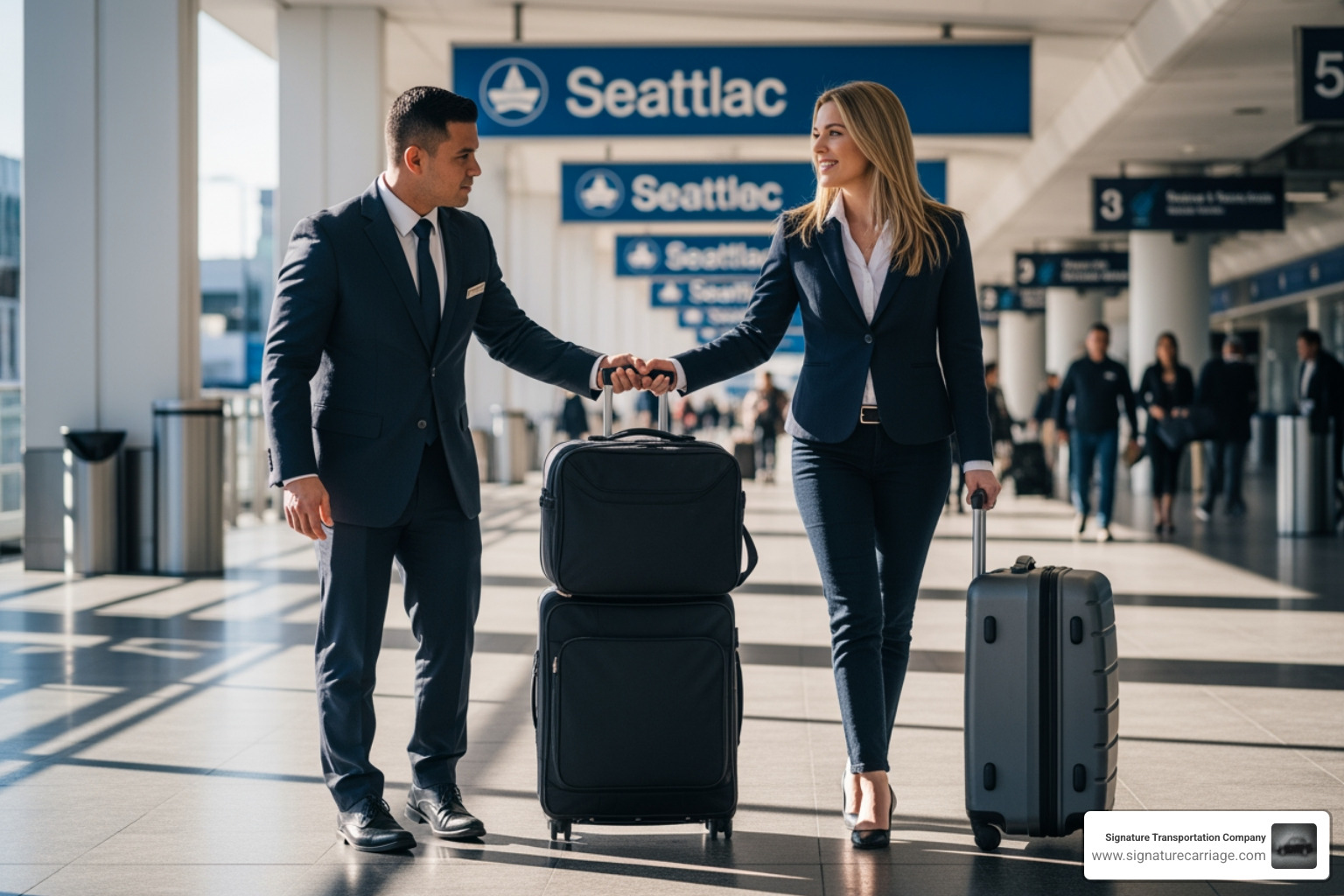 Chauffeur in a professional suit assisting a passenger with heavy luggage at Sea-Tac terminal - town car airport seattle