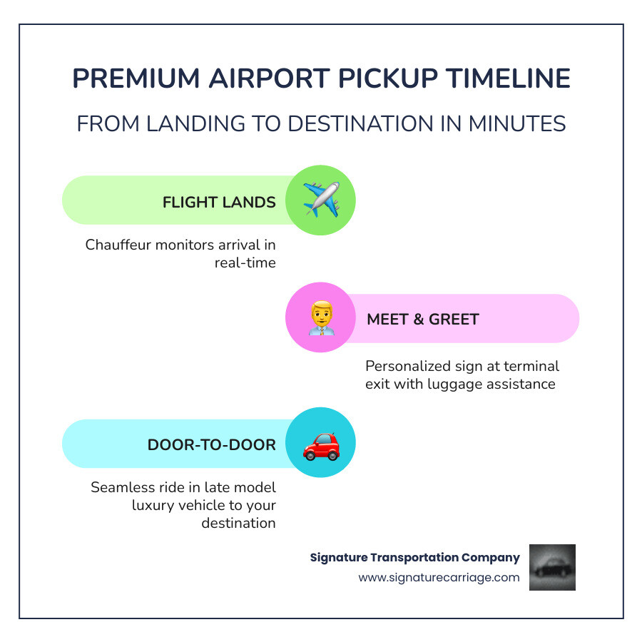 Timeline infographic of a premium airport pickup from landing to drop-off - Late model airport transfer infographic