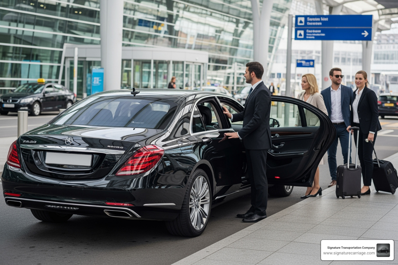 Professional chauffeur providing luggage assistance to a passenger - Late model airport transfer