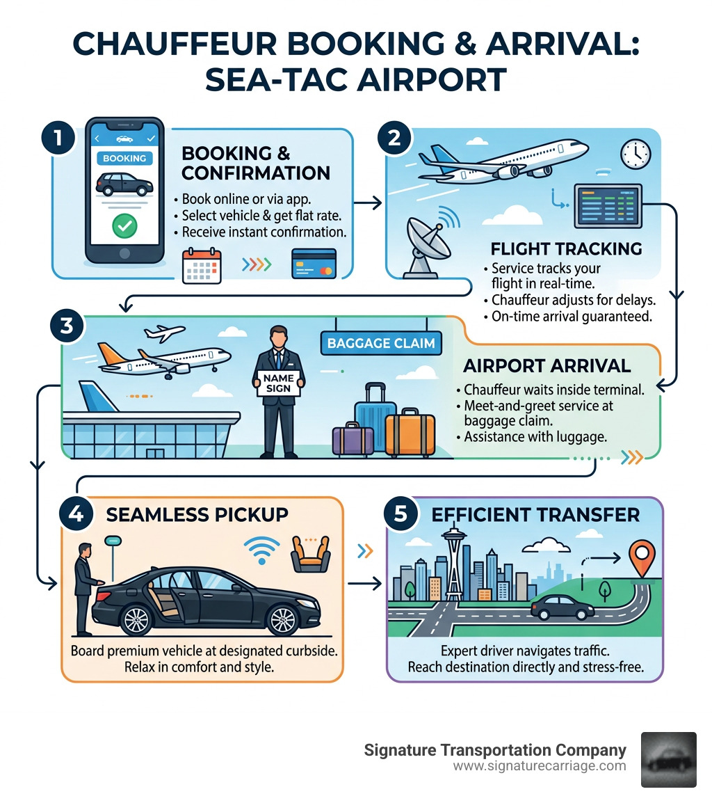 Chauffeur booking and arrival process at SEA-Tac airport infographic - seattle chauffeur service airport infographic 