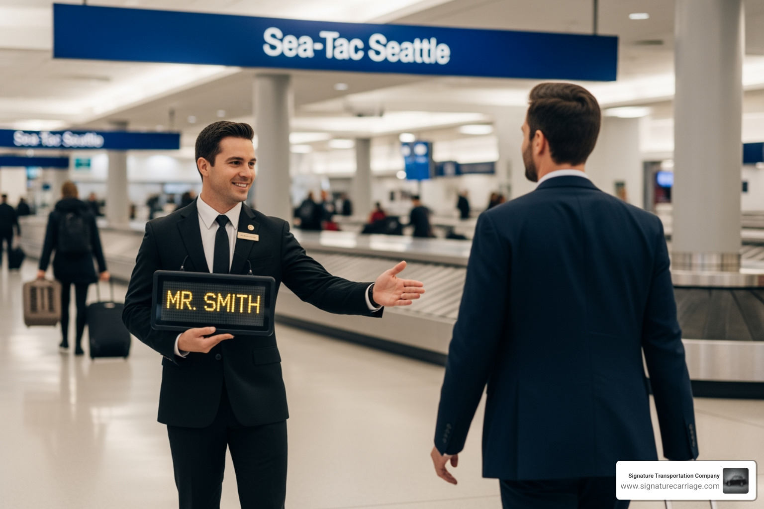 Professional chauffeur greeting a passenger at Sea-Tac Airport baggage claim - luxury airport shuttle seattle