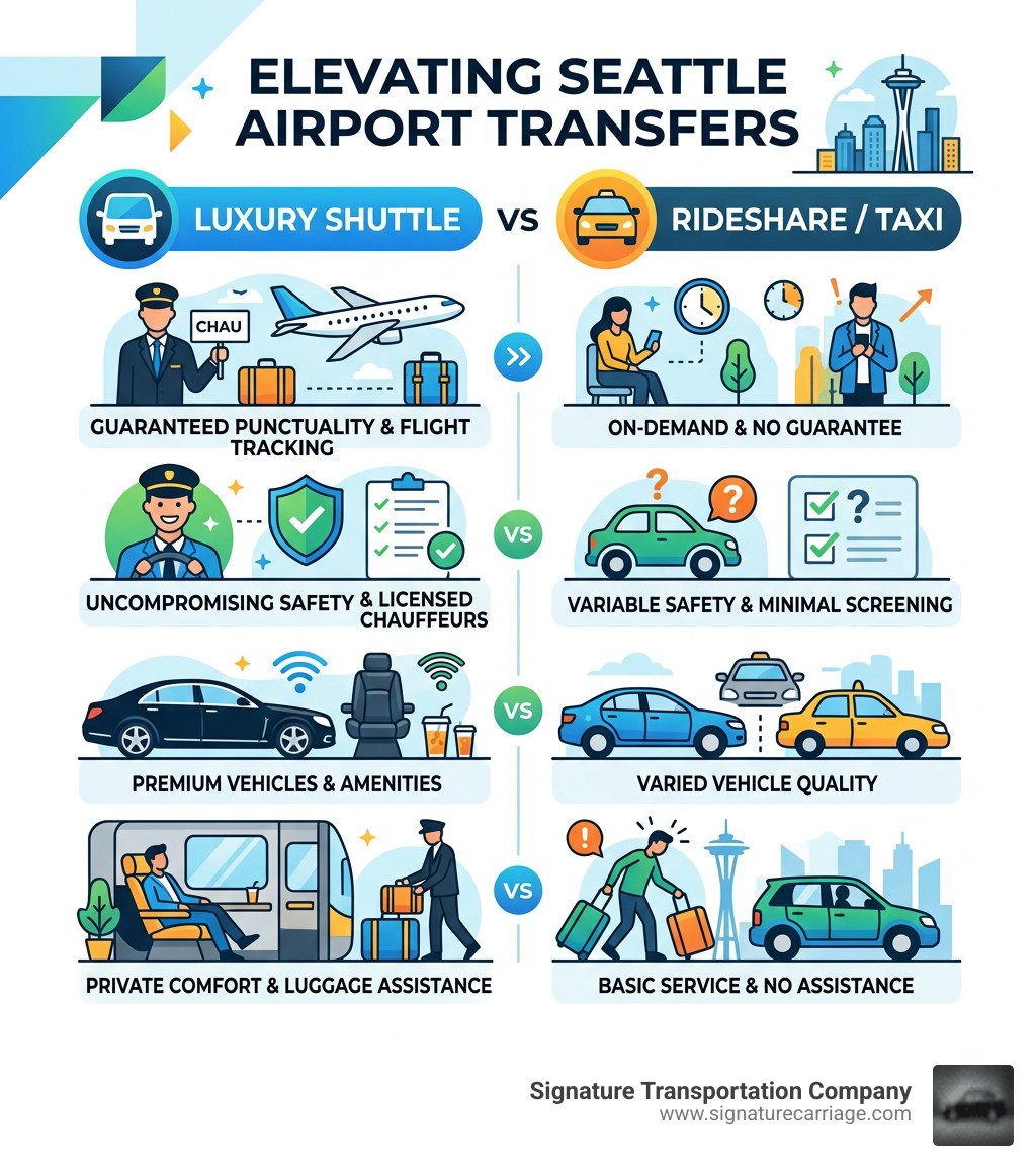 Infographic comparing luxury airport shuttle Seattle benefits vs rideshares: punctuality, amenities, safety, and booking