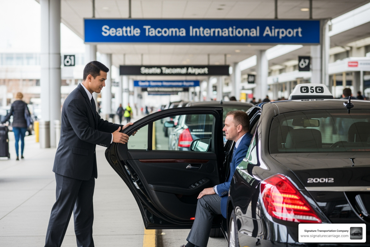 chauffeur opening a car door for a passenger at Sea-Tac - black car service airport