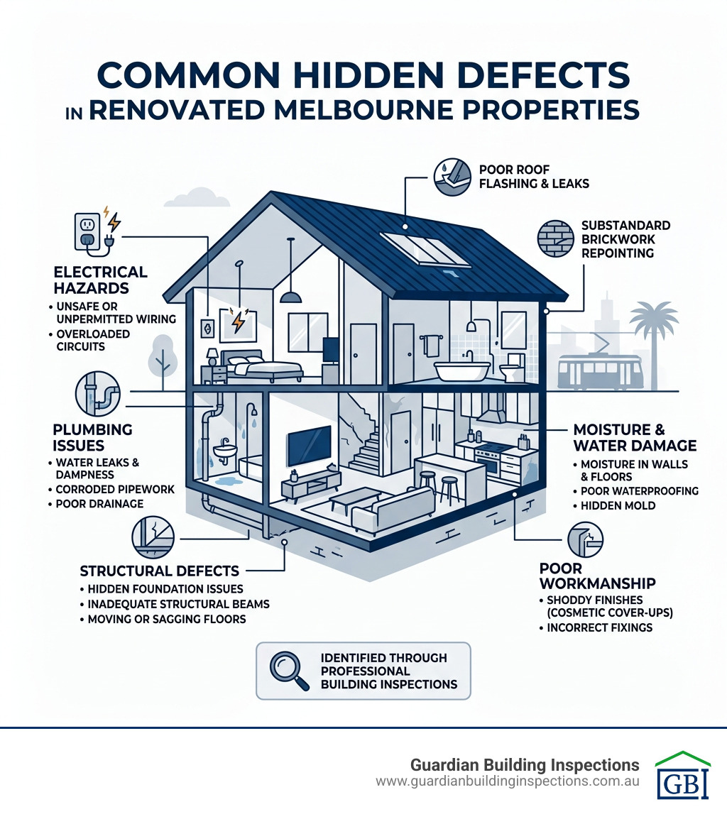 Infographic showing common hidden defects in renovated Melbourne properties - building inspections Melbourne infographic Infographic showing common hidden defects in renovated Melbourne properties - building inspections Melbourne infographic
