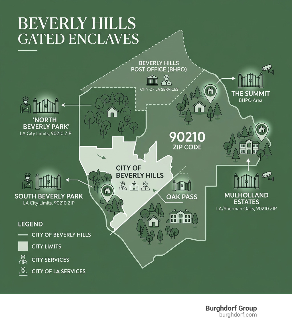 Geography of Beverly Hills gated enclaves showing communities, ZIP codes, and city boundaries - beverly hills gated