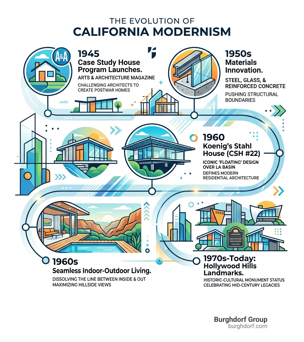 Timeline infographic: Evolution of California Modernism from Case Study Houses to Hollywood Hills landmarks - Hollywood