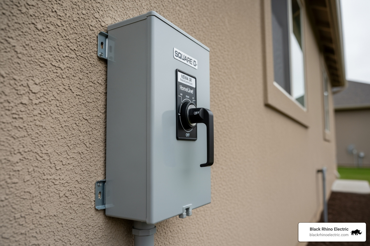 Square D Homeline spa panel installed on an exterior wall - Hot tub disconnect switch
