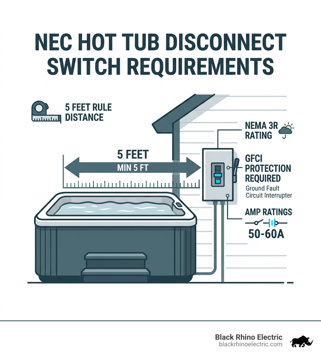 Infographic showing NEC hot tub disconnect switch requirements: 5-foot rule, GFCI, NEMA 3R, 50-60A ratings - Hot tub