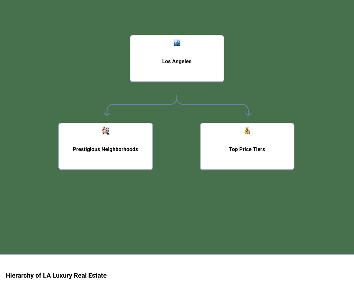 Infographic showing hierarchy of LA luxury real estate from neighborhoods to price tiers and top amenities - luxury homes in