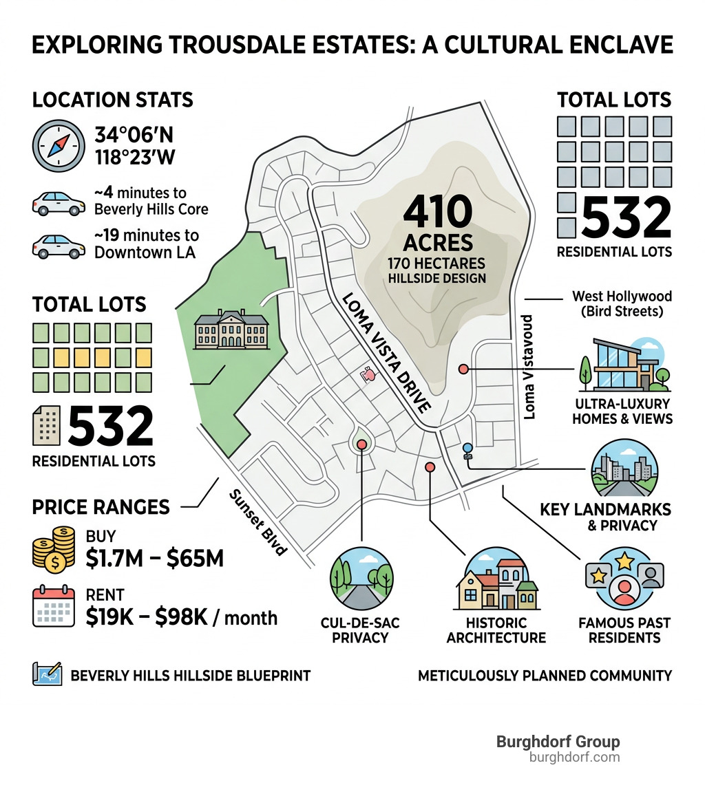 Trousdale Estates 410-acre layout with lot count, price ranges, location stats, and key landmarks - trousdale estates map