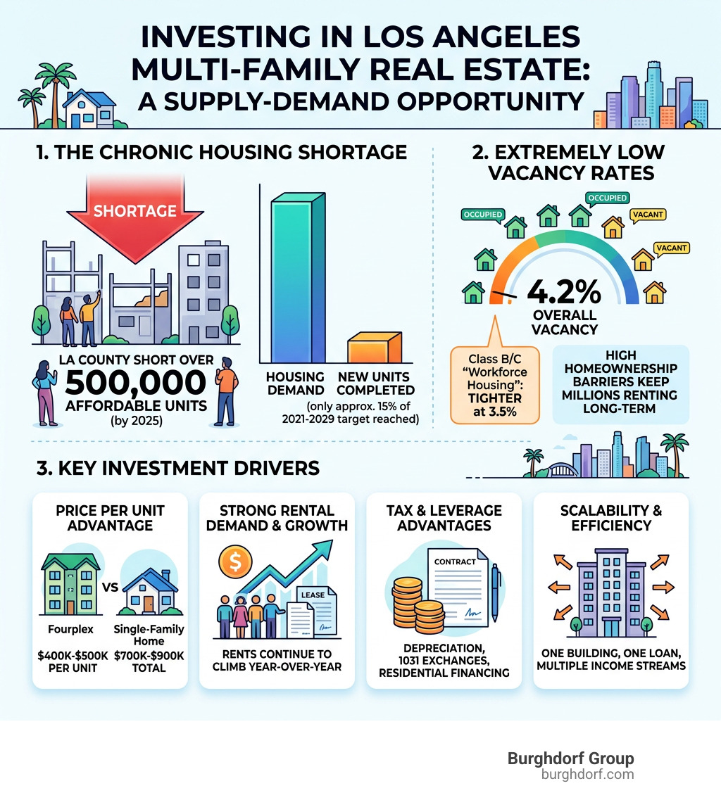 Infographic showing LA County 500,000-unit housing shortage, 4.2% vacancy rate, and key investment drivers - why invest in Infographic showing LA County 500,000-unit housing shortage, 4.2% vacancy rate, and key investment drivers - why invest in