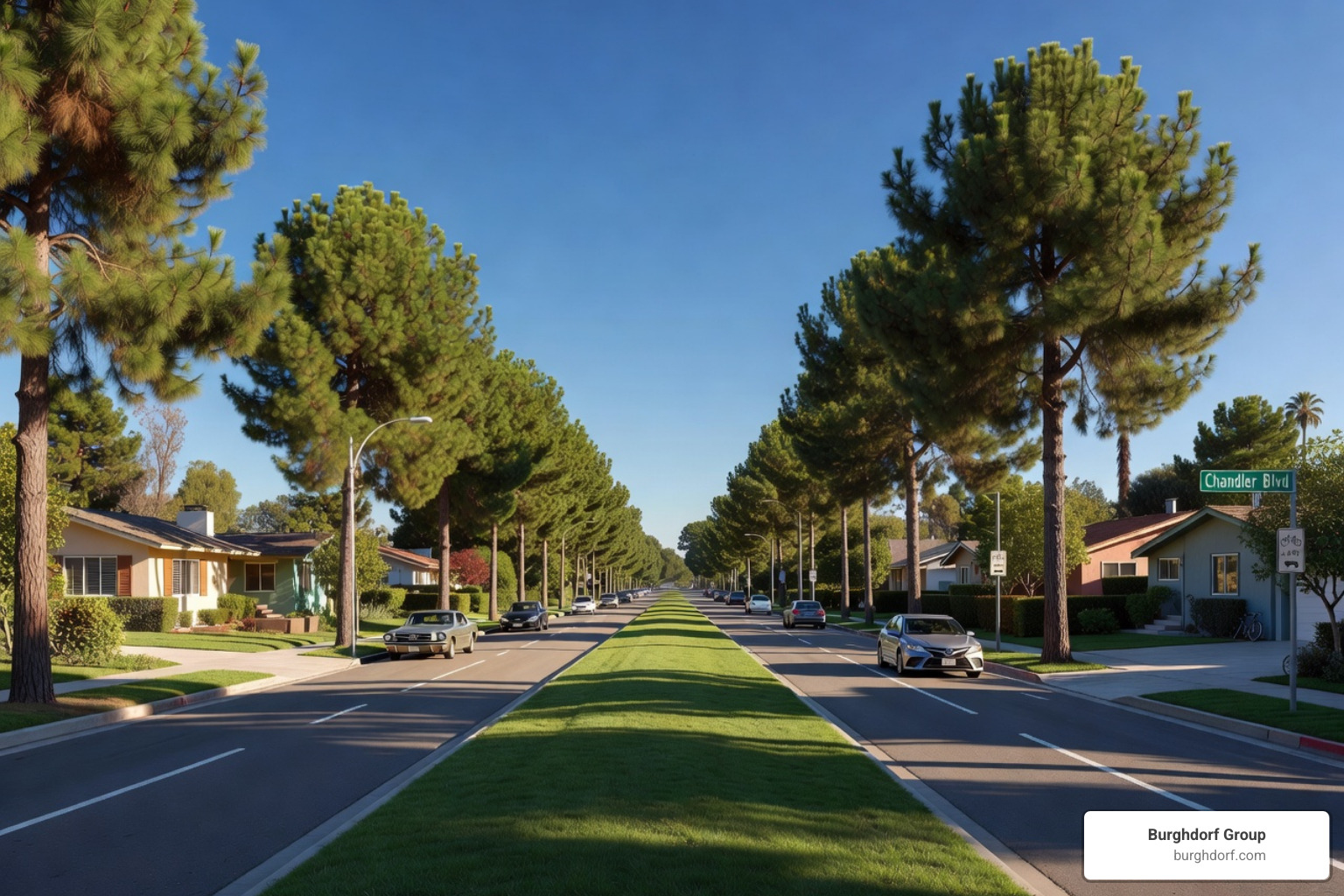 Chandler Boulevard grassy median and mature pine trees - Quiet street Sherman Oaks Chandler Boulevard grassy median and mature pine trees - Quiet street Sherman Oaks