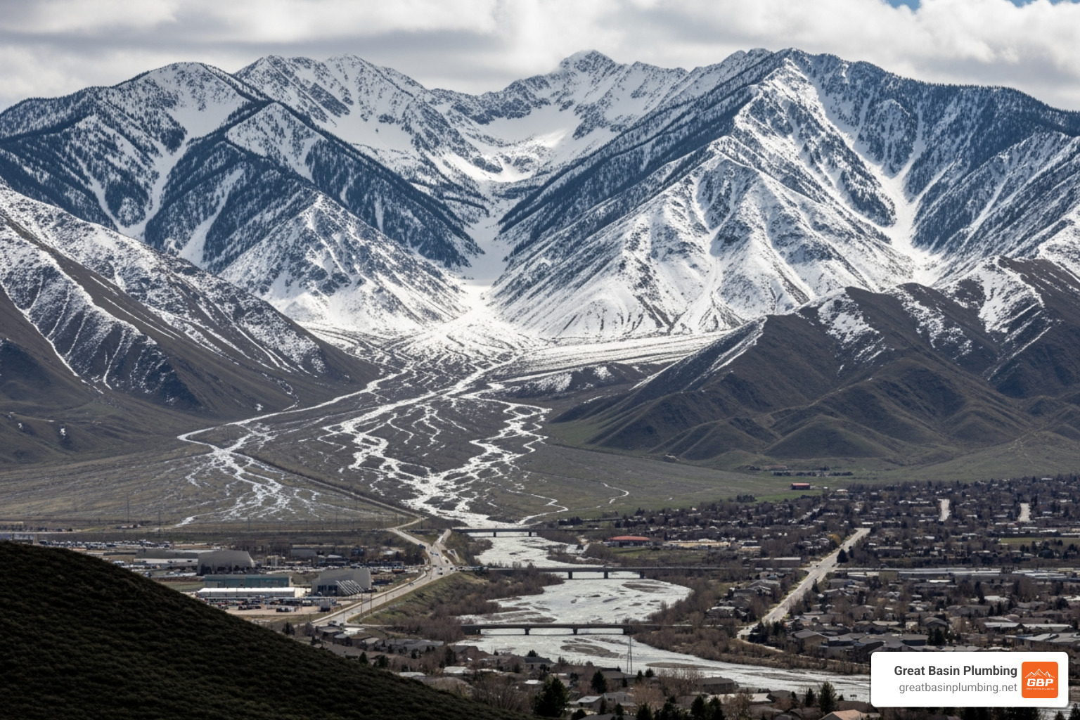 Salt Lake City mountains with heavy snowmelt runoff flowing toward residential areas - sump pump repair salt lake city