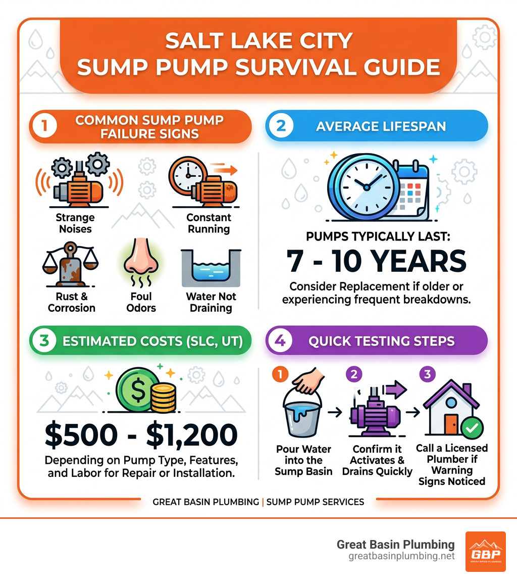 Infographic showing common sump pump failure signs, average lifespan, repair costs, and testing steps for Salt Lake City