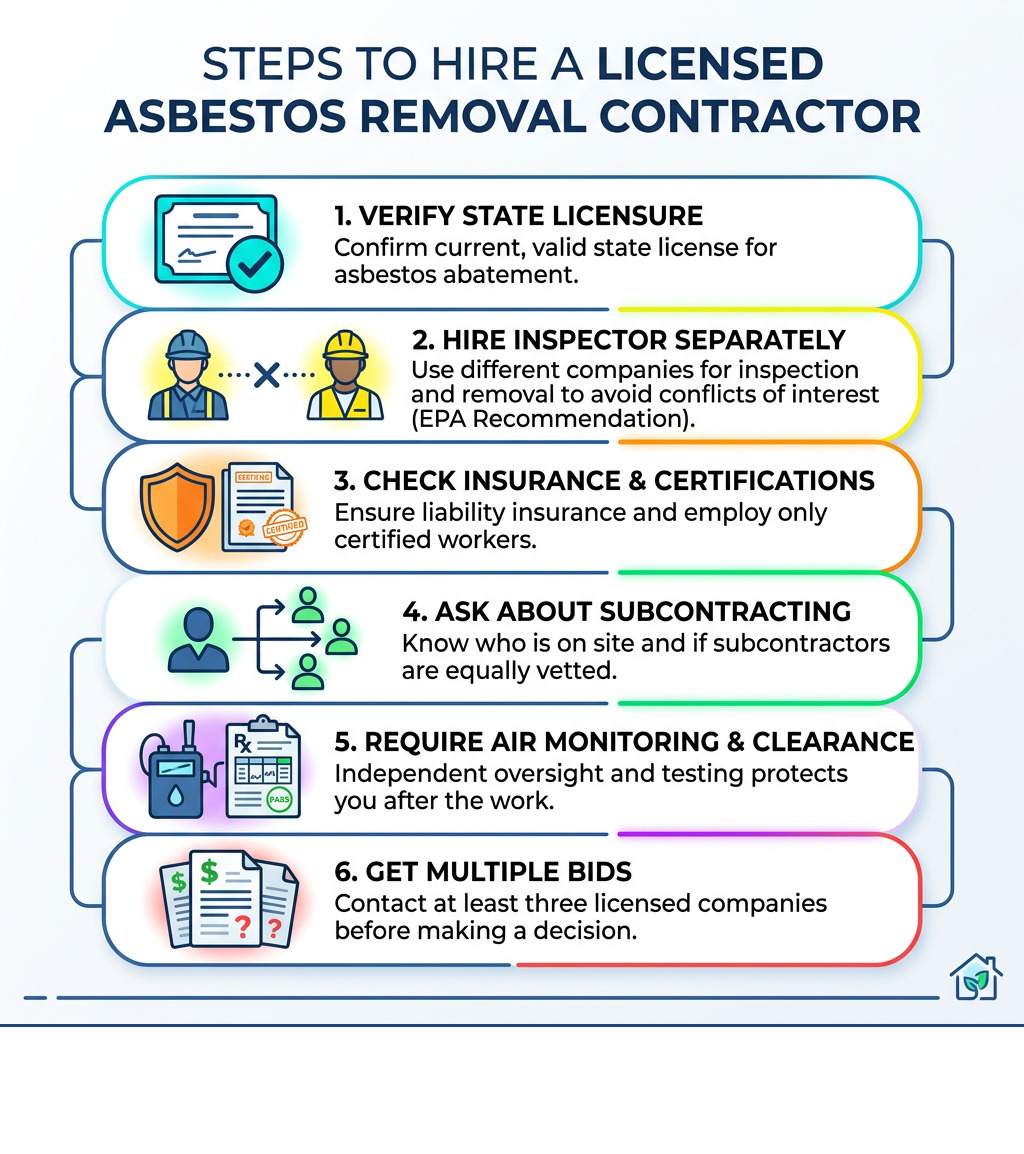 Infographic showing steps to hire a licensed asbestos removal contractor and key safety requirements - asbestos removal