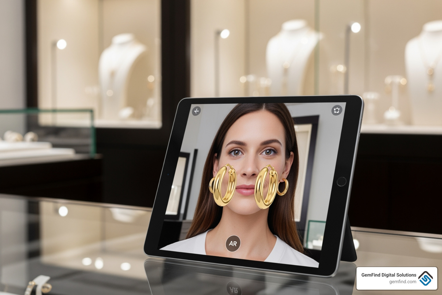 In-store tablet displaying a customer using AR to try on a pair of gold hoop earrings - shopify pos jewelry tryon