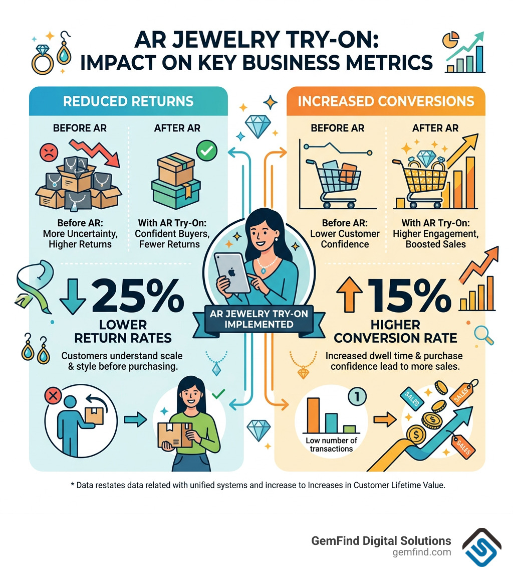 Infographic showing a 25% reduction in return rates and a 15% increase in conversion after implementing AR try-on - shopify