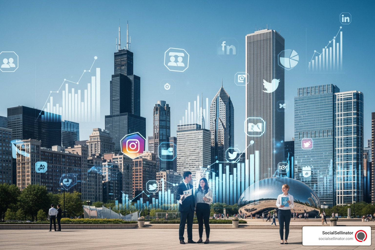 Mobile phone showing a local Chicago business profile with high engagement and local geotags - social media optimization