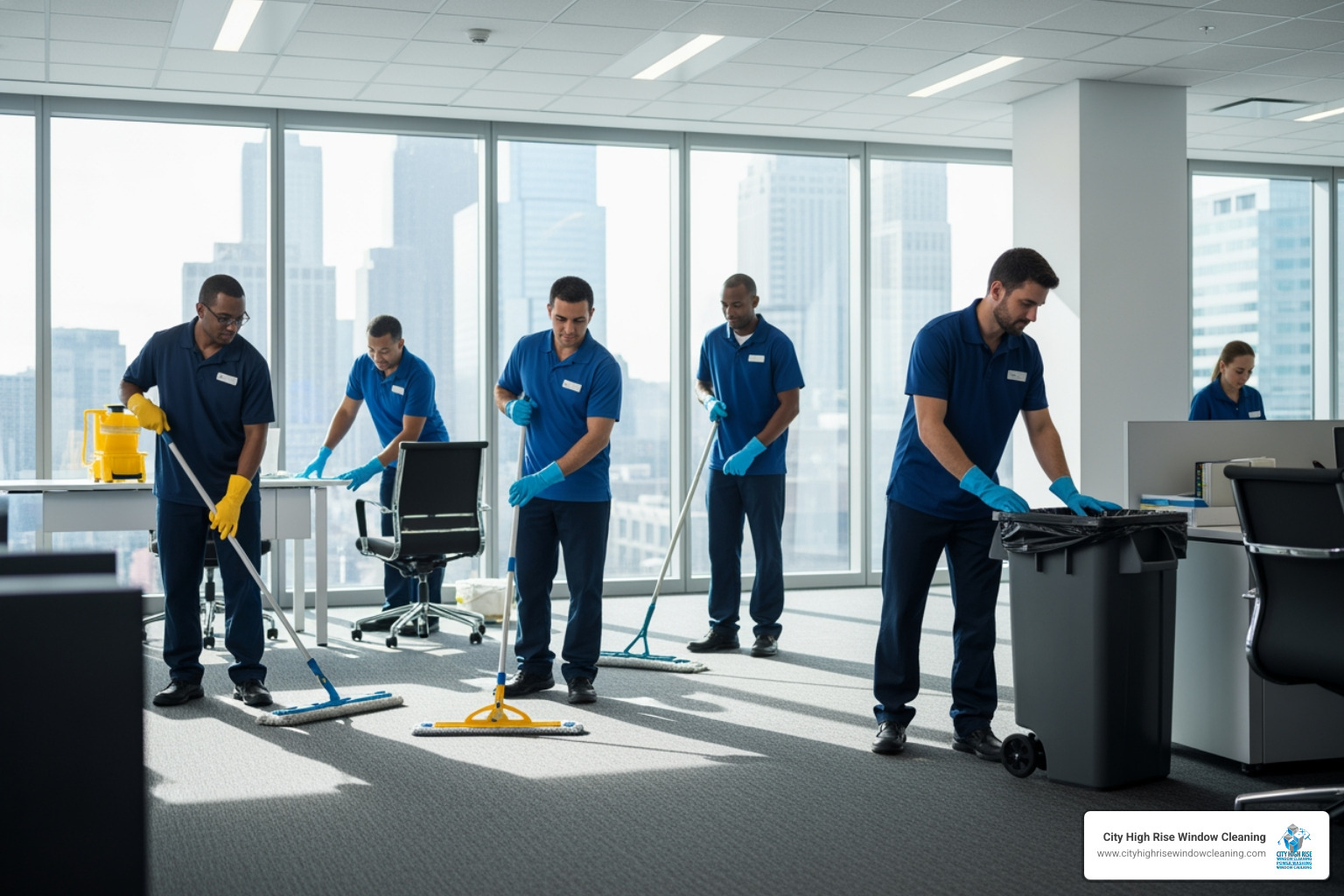 Professional janitorial team performing building cleaning services NJ - building cleaning services NJ team at work Professional janitorial team performing building cleaning services NJ - building cleaning services NJ team at work