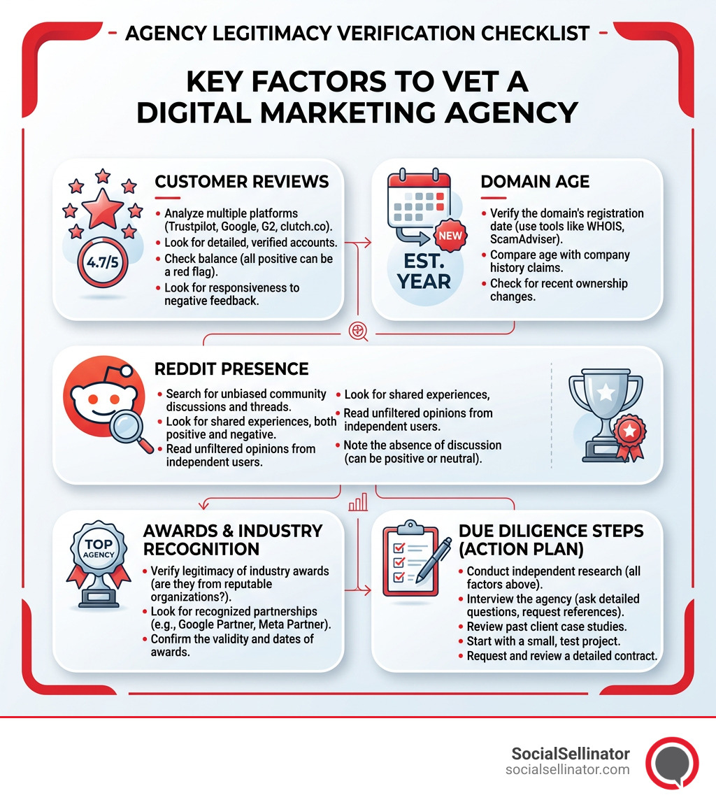 Agency verification checklist infographic with key factors: reviews, domain age, Reddit presence, awards, and due