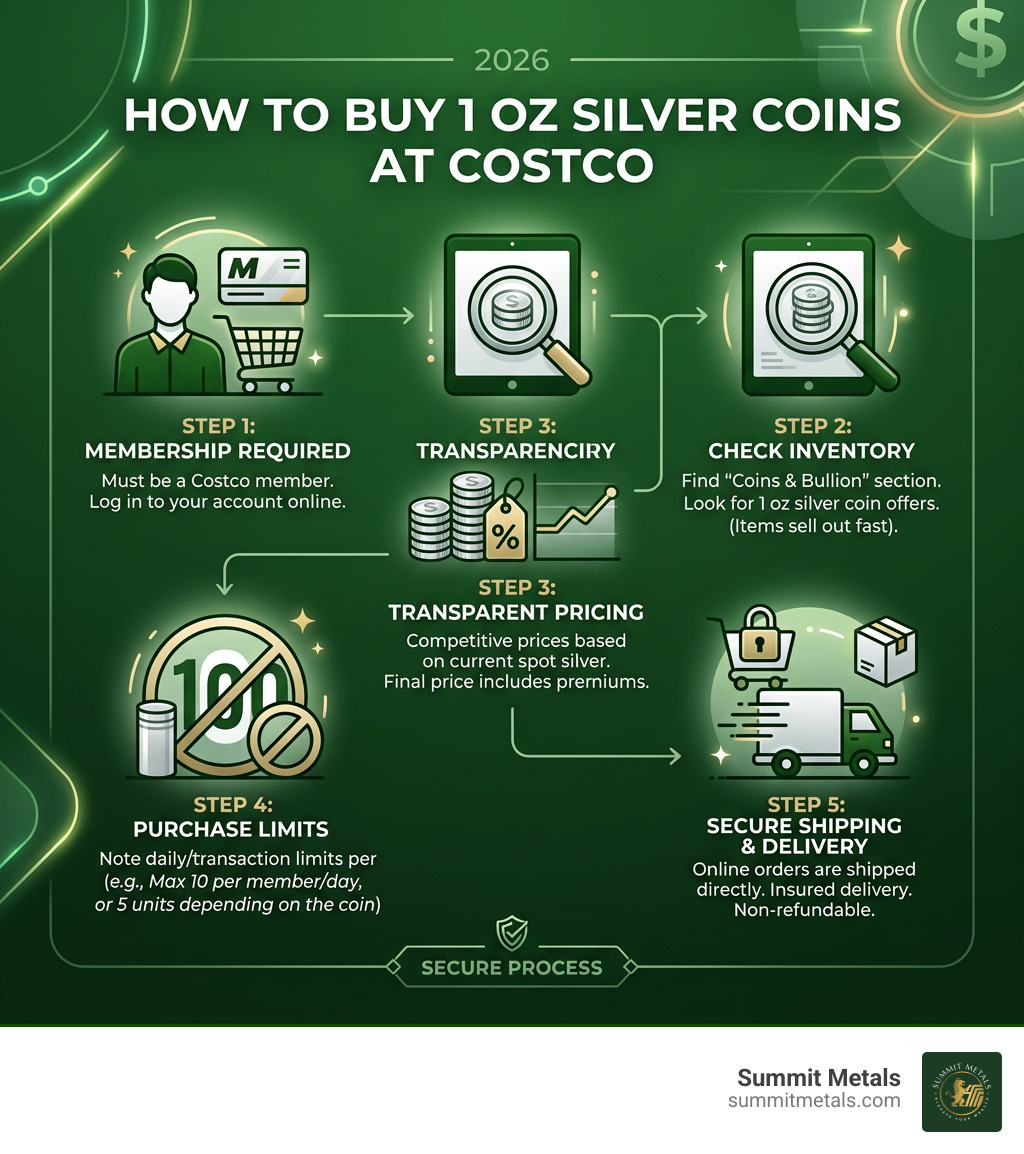 Infographic showing step-by-step process of buying 1 oz silver coins at Costco including membership, pricing, limits, and Infographic showing step-by-step process of buying 1 oz silver coins at Costco including membership, pricing, limits, and