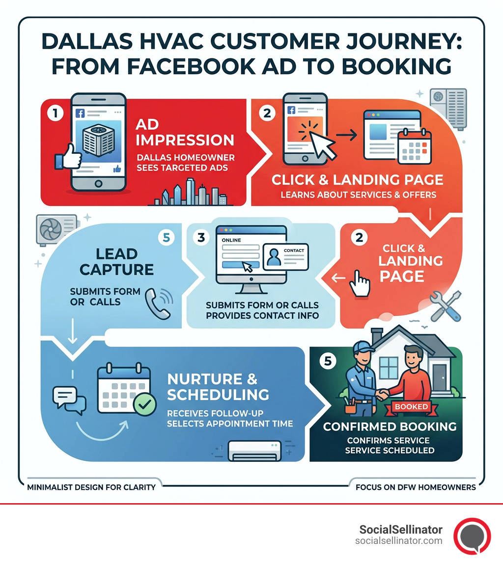 Infographic showing the HVAC customer journey from Facebook ad impression to booking in Dallas - Facebook ads for HVAC