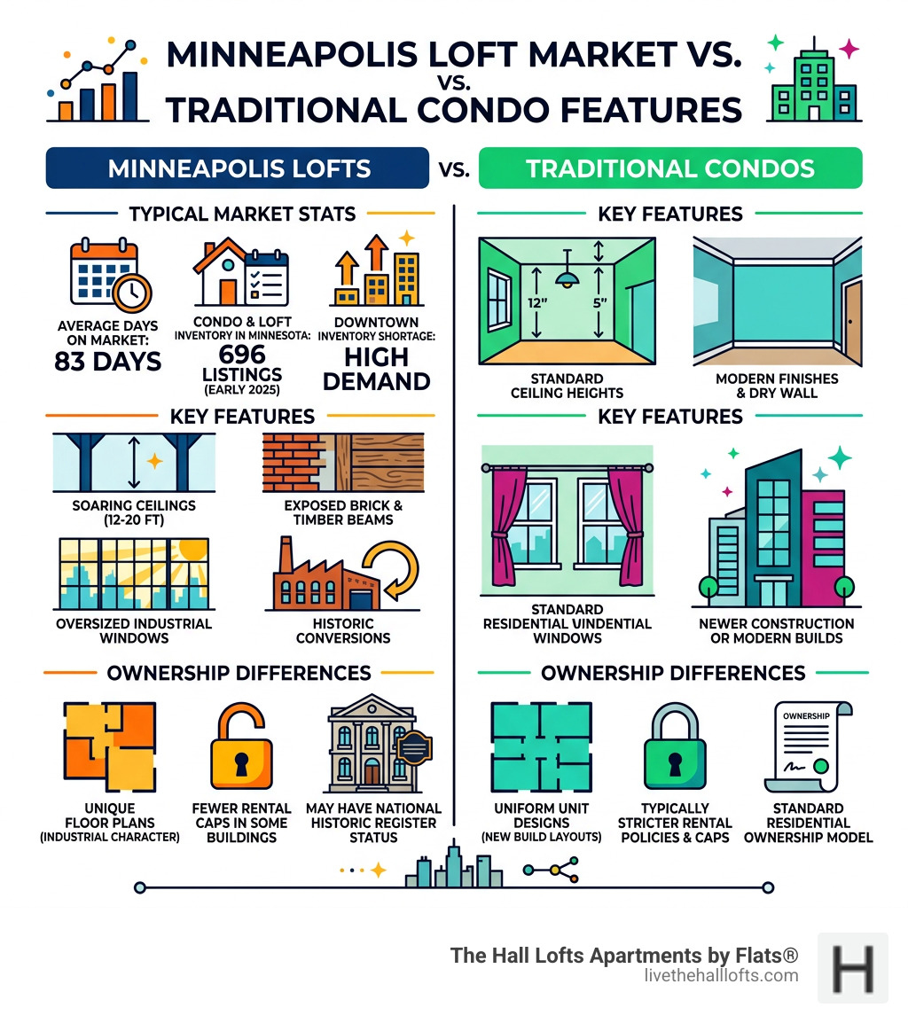 Comparison infographic: Minneapolis loft market stats vs. traditional condo features and ownership differences - lofts for