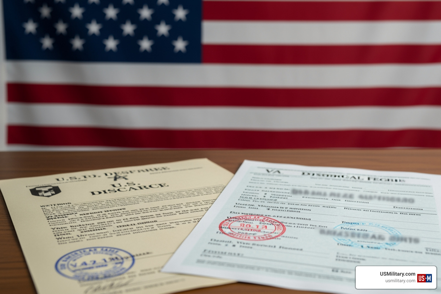military discharge papers and medical records sitting on a desk - How Much Aid And Attendance Can I Get?