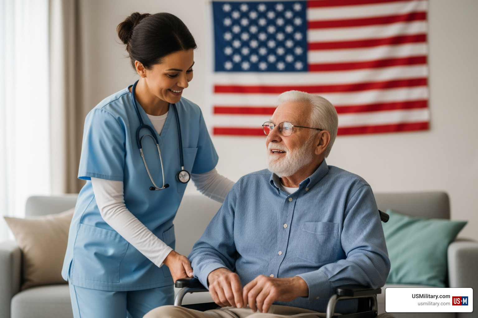 elderly veteran receiving home care from caregiver at home - How Much Aid And Attendance Can I Get?