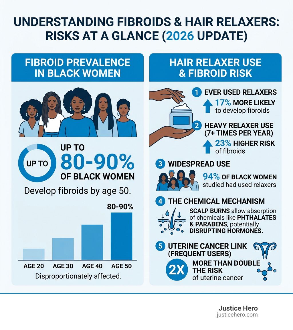 Infographic showing fibroid prevalence in Black women and hair relaxer risk statistics - fibroids from relaxers infographic 