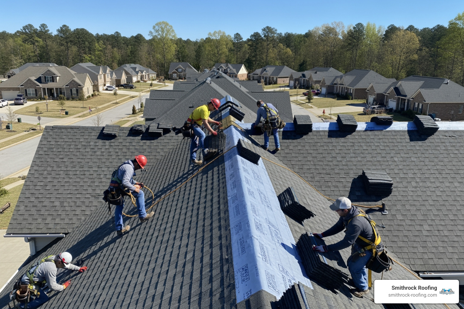 Professional roofing crew installing shingles on a residential home in Winston-Salem - roofing companies Winston Salem