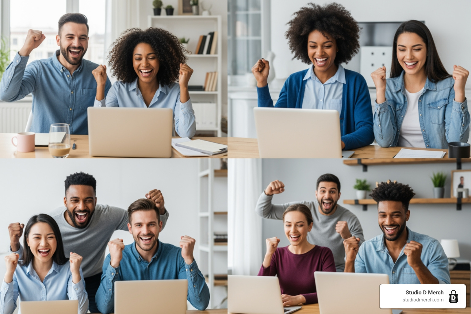 diverse remote team cheering during a video call - virtual holiday gifts