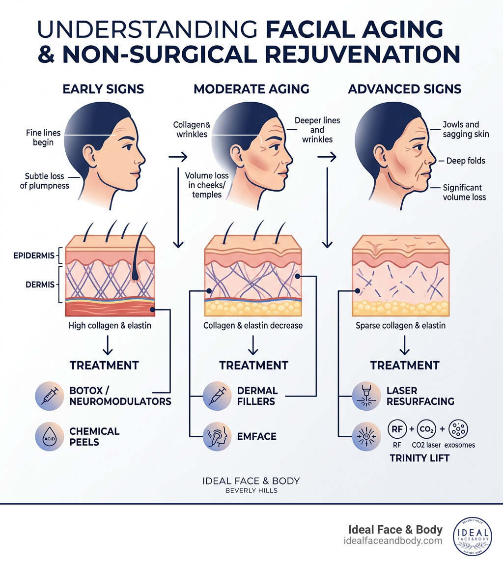 Infographic showing facial aging process, skin layers, and how non-surgical treatments address each stage - Non-surgical Infographic showing facial aging process, skin layers, and how non-surgical treatments address each stage - Non-surgical