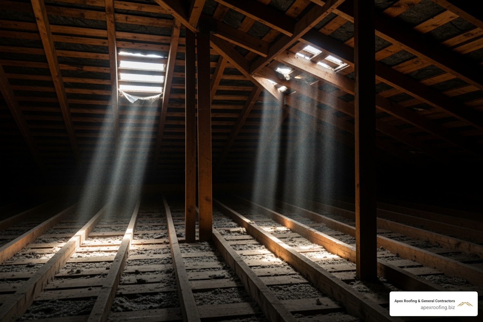attic interior showing light beams through roof deck indicating leaks - best roof inspection attic interior showing light beams through roof deck indicating leaks - best roof inspection